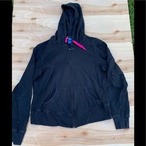 Reebok heavy black hoodie in a medium, with pink.